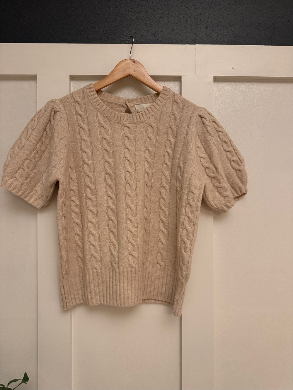 Pinch Cable Knit Puff Short Sleeve Sweater Top - Cream